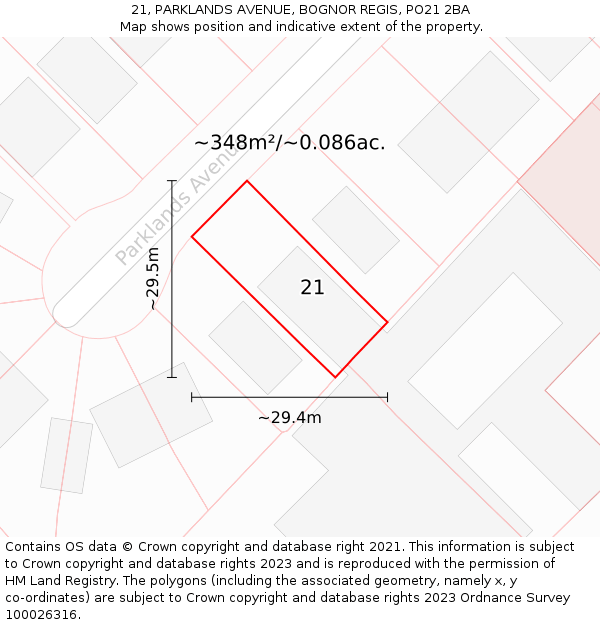 21, PARKLANDS AVENUE, BOGNOR REGIS, PO21 2BA: Plot and title map