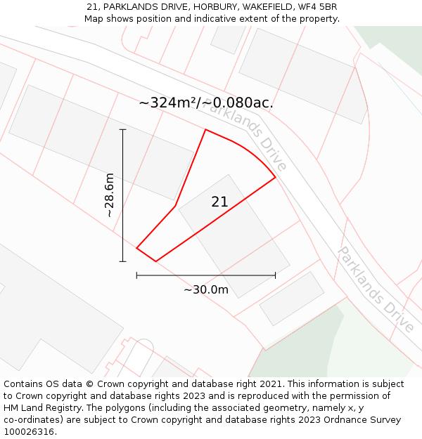 21, PARKLANDS DRIVE, HORBURY, WAKEFIELD, WF4 5BR: Plot and title map