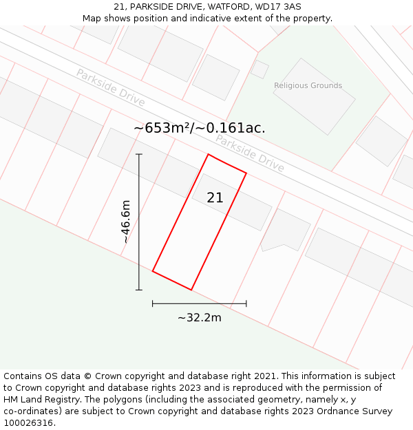 21, PARKSIDE DRIVE, WATFORD, WD17 3AS: Plot and title map