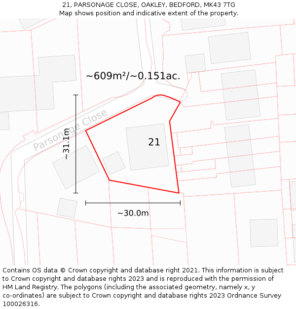 21, PARSONAGE CLOSE, OAKLEY, BEDFORD, MK43 7TG: Plot and title map