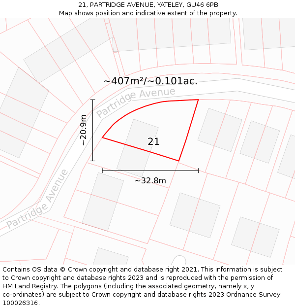21, PARTRIDGE AVENUE, YATELEY, GU46 6PB: Plot and title map