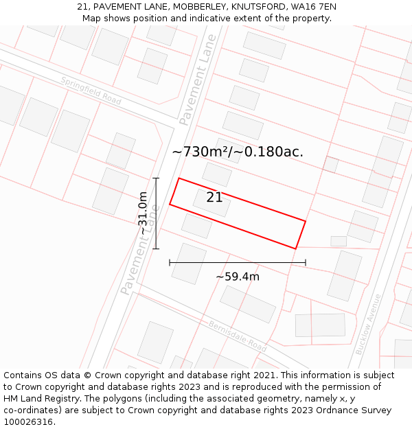 21, PAVEMENT LANE, MOBBERLEY, KNUTSFORD, WA16 7EN: Plot and title map