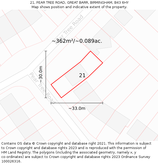 21, PEAR TREE ROAD, GREAT BARR, BIRMINGHAM, B43 6HY: Plot and title map