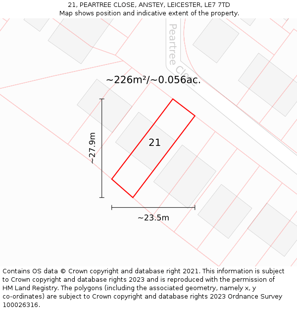 21, PEARTREE CLOSE, ANSTEY, LEICESTER, LE7 7TD: Plot and title map