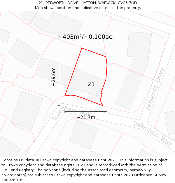 21, PEBWORTH DRIVE, HATTON, WARWICK, CV35 7UD: Plot and title map