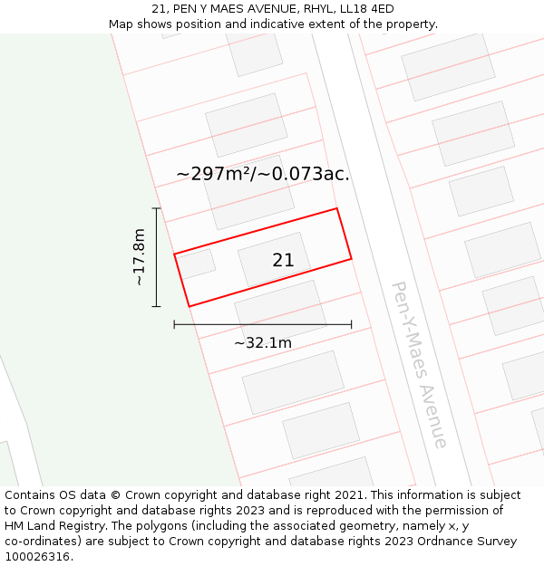 21, PEN Y MAES AVENUE, RHYL, LL18 4ED: Plot and title map