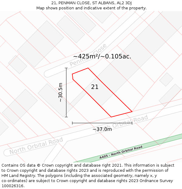 21, PENMAN CLOSE, ST ALBANS, AL2 3DJ: Plot and title map