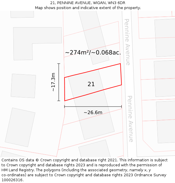 21, PENNINE AVENUE, WIGAN, WN3 6DR: Plot and title map
