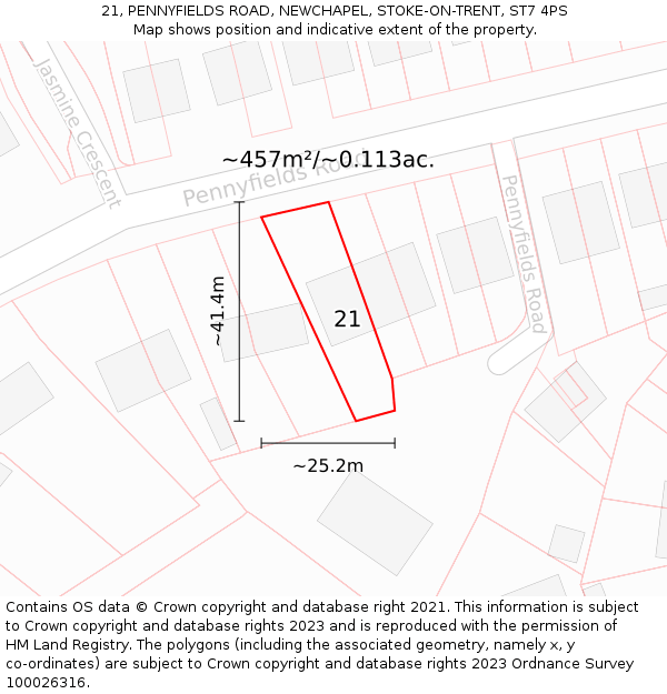 21, PENNYFIELDS ROAD, NEWCHAPEL, STOKE-ON-TRENT, ST7 4PS: Plot and title map