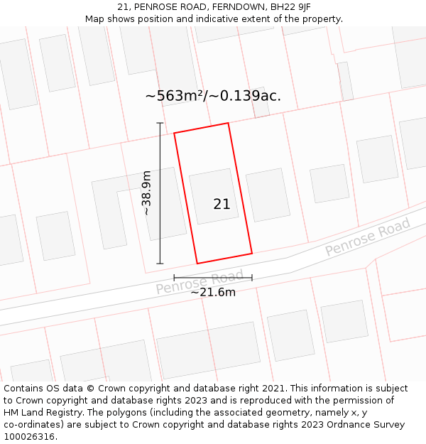 21, PENROSE ROAD, FERNDOWN, BH22 9JF: Plot and title map