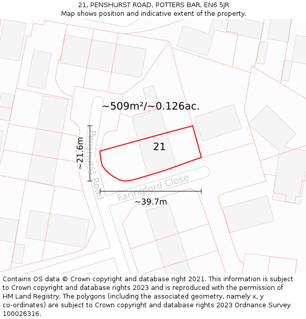 21, PENSHURST ROAD, POTTERS BAR, EN6 5JR: Plot and title map