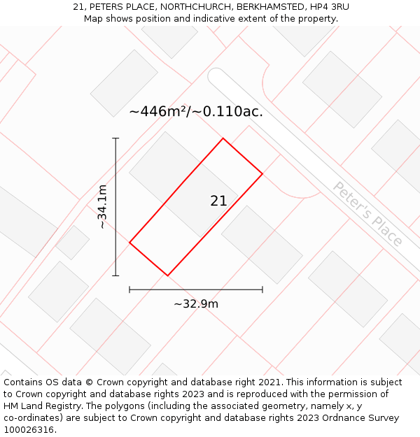 21, PETERS PLACE, NORTHCHURCH, BERKHAMSTED, HP4 3RU: Plot and title map