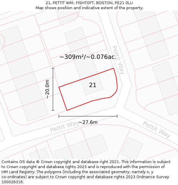 21, PETTIT WAY, FISHTOFT, BOSTON, PE21 0LU: Plot and title map