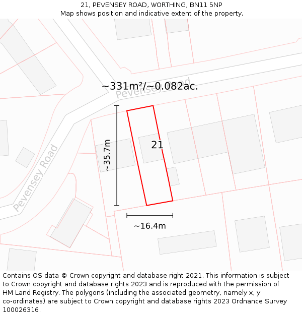 21, PEVENSEY ROAD, WORTHING, BN11 5NP: Plot and title map