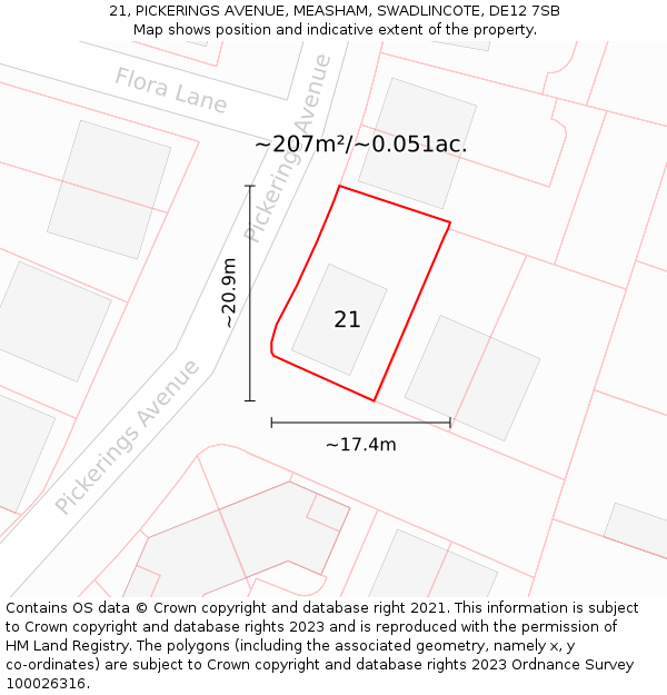 21, PICKERINGS AVENUE, MEASHAM, SWADLINCOTE, DE12 7SB: Plot and title map