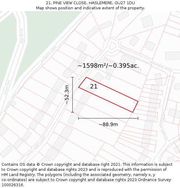 21, PINE VIEW CLOSE, HASLEMERE, GU27 1DU: Plot and title map