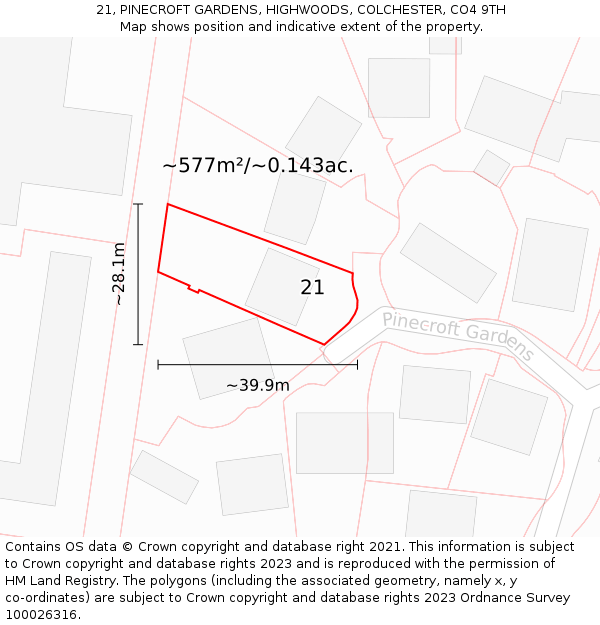 21, PINECROFT GARDENS, HIGHWOODS, COLCHESTER, CO4 9TH: Plot and title map