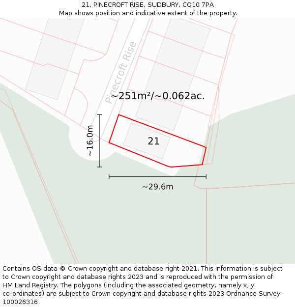 21, PINECROFT RISE, SUDBURY, CO10 7PA: Plot and title map