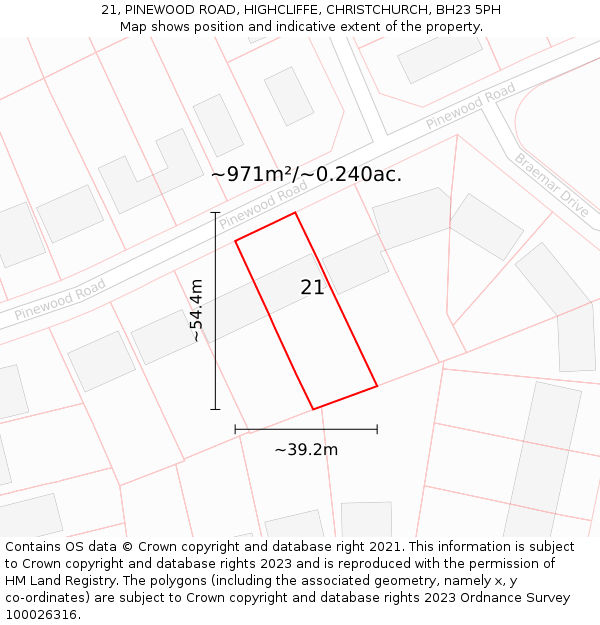 21, PINEWOOD ROAD, HIGHCLIFFE, CHRISTCHURCH, BH23 5PH: Plot and title map