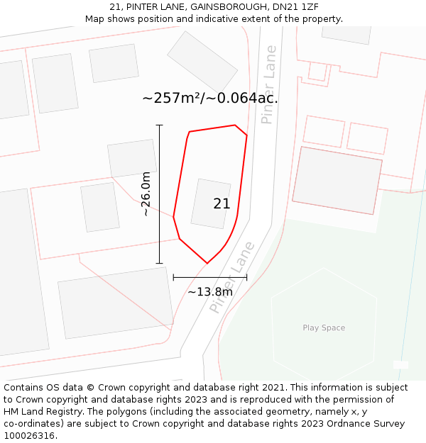 21, PINTER LANE, GAINSBOROUGH, DN21 1ZF: Plot and title map