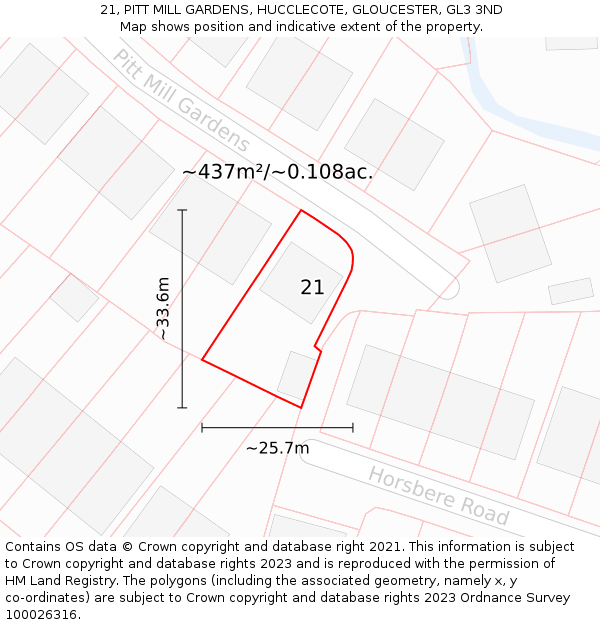 21, PITT MILL GARDENS, HUCCLECOTE, GLOUCESTER, GL3 3ND: Plot and title map