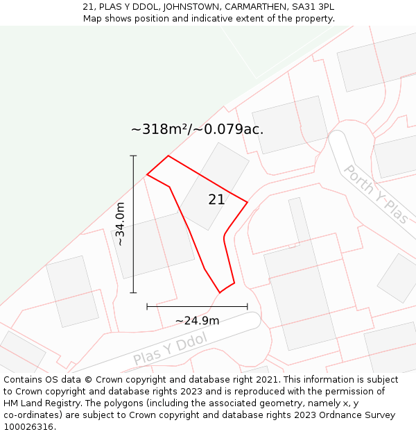21, PLAS Y DDOL, JOHNSTOWN, CARMARTHEN, SA31 3PL: Plot and title map