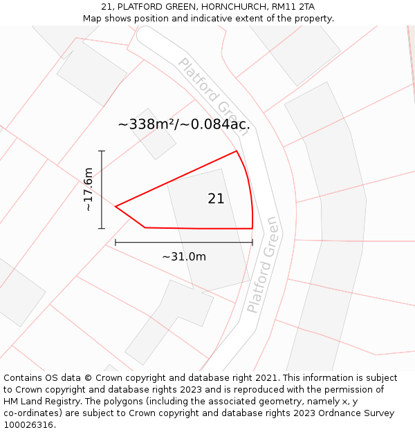 21, PLATFORD GREEN, HORNCHURCH, RM11 2TA: Plot and title map
