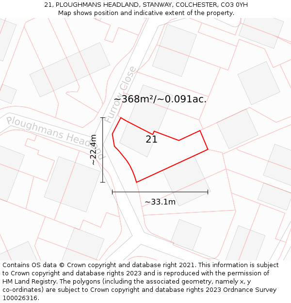 21, PLOUGHMANS HEADLAND, STANWAY, COLCHESTER, CO3 0YH: Plot and title map