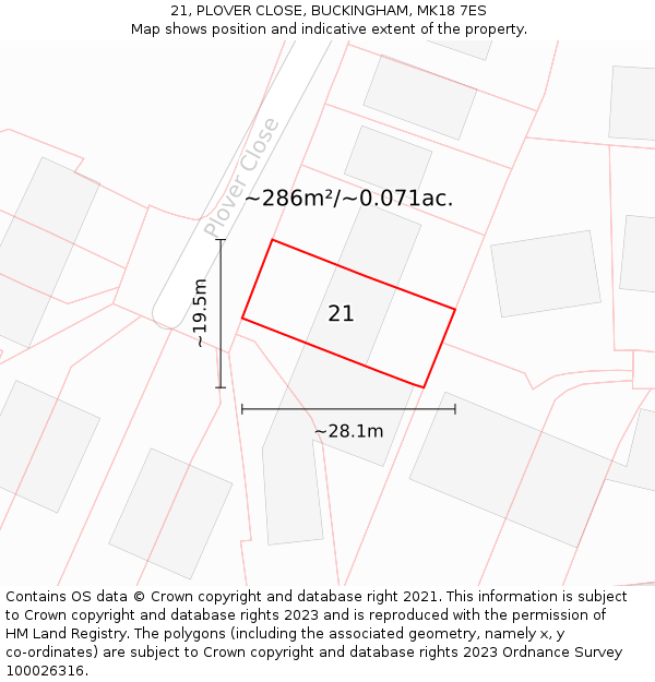 21, PLOVER CLOSE, BUCKINGHAM, MK18 7ES: Plot and title map