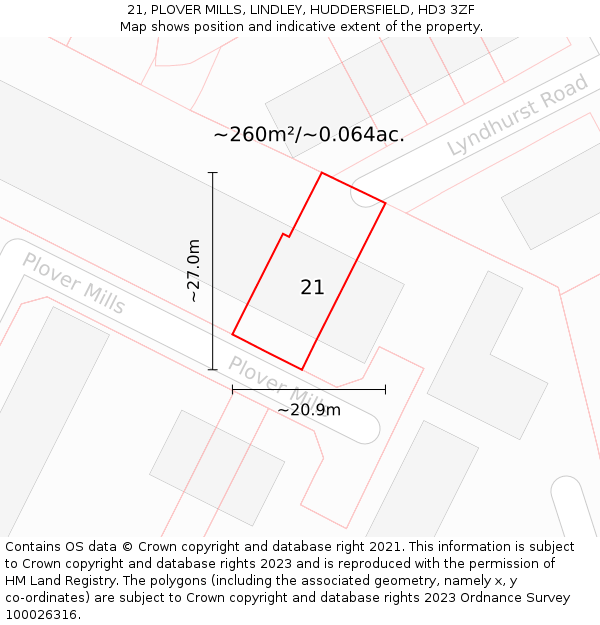 21, PLOVER MILLS, LINDLEY, HUDDERSFIELD, HD3 3ZF: Plot and title map