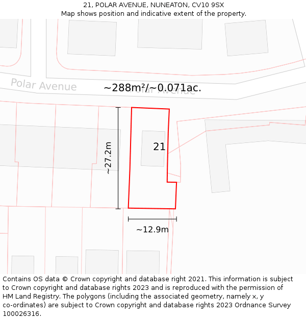 21, POLAR AVENUE, NUNEATON, CV10 9SX: Plot and title map