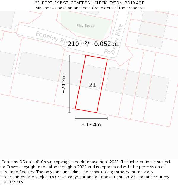 21, POPELEY RISE, GOMERSAL, CLECKHEATON, BD19 4QT: Plot and title map
