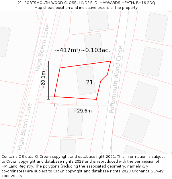 21, PORTSMOUTH WOOD CLOSE, LINDFIELD, HAYWARDS HEATH, RH16 2DQ: Plot and title map