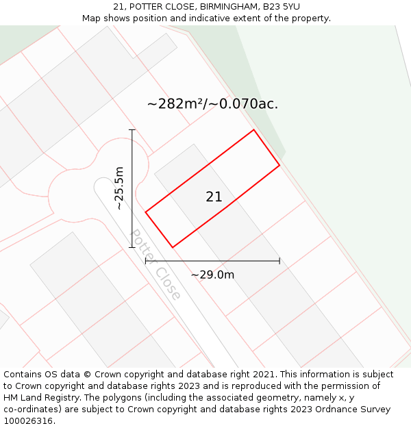 21, POTTER CLOSE, BIRMINGHAM, B23 5YU: Plot and title map