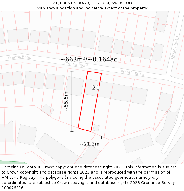 21, PRENTIS ROAD, LONDON, SW16 1QB: Plot and title map