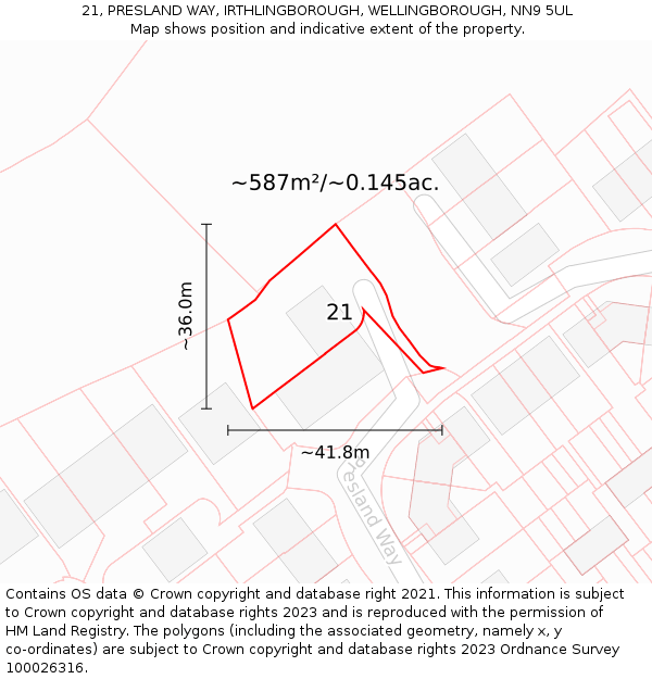 21, PRESLAND WAY, IRTHLINGBOROUGH, WELLINGBOROUGH, NN9 5UL: Plot and title map