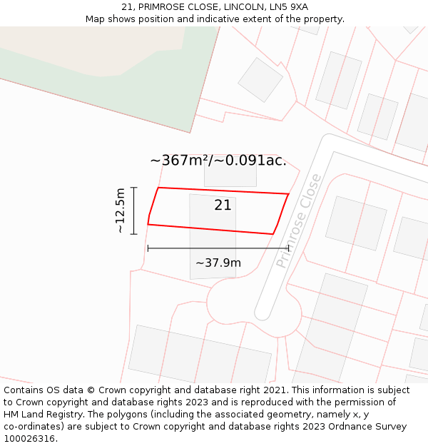 21, PRIMROSE CLOSE, LINCOLN, LN5 9XA: Plot and title map
