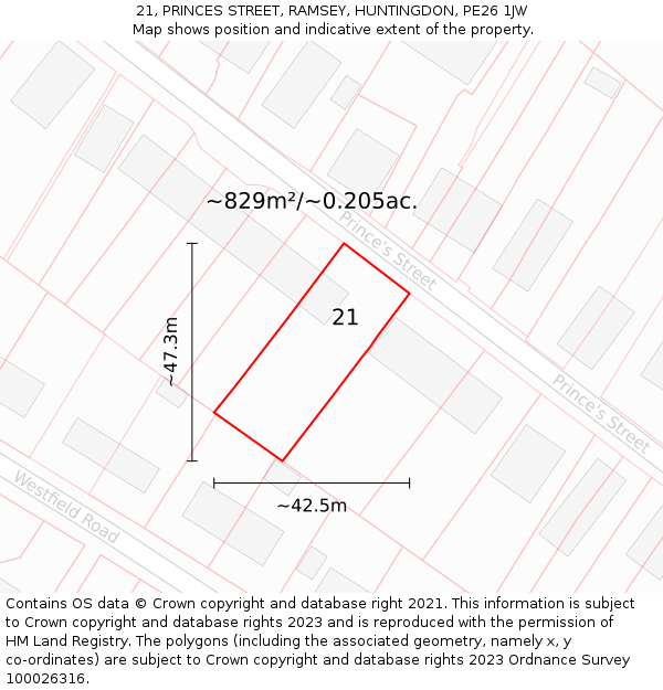 21, PRINCES STREET, RAMSEY, HUNTINGDON, PE26 1JW: Plot and title map