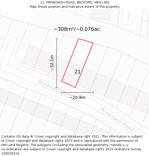 21, PRINKNASH ROAD, BEDFORD, MK41 8DJ: Plot and title map