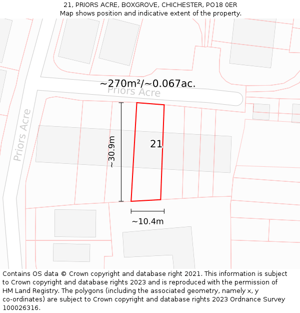 21, PRIORS ACRE, BOXGROVE, CHICHESTER, PO18 0ER: Plot and title map