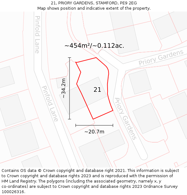 21, PRIORY GARDENS, STAMFORD, PE9 2EG: Plot and title map