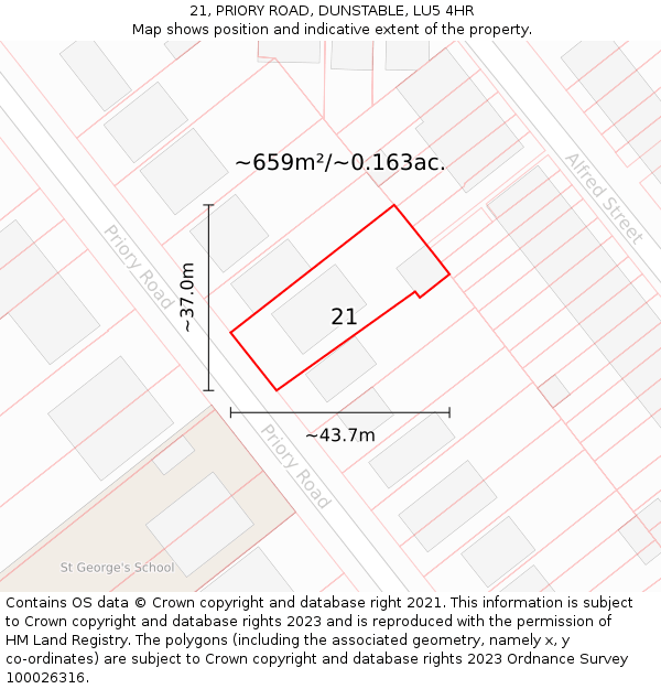 21, PRIORY ROAD, DUNSTABLE, LU5 4HR: Plot and title map