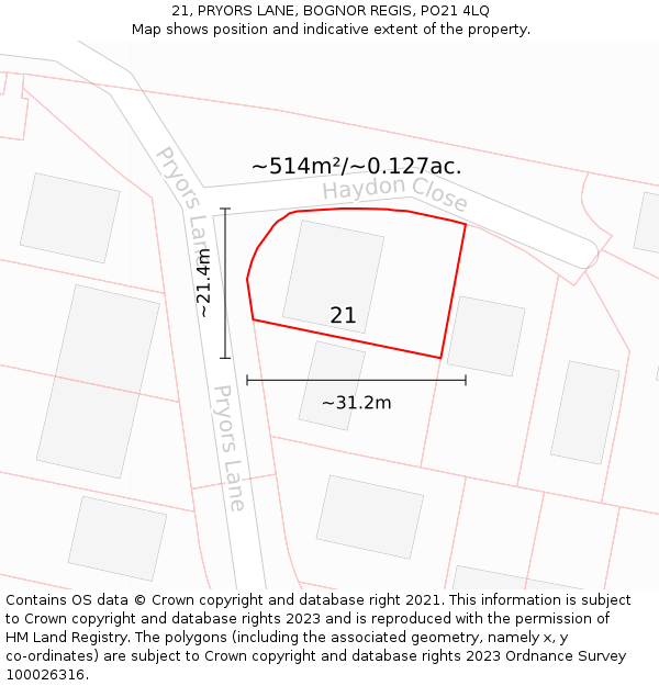 21, PRYORS LANE, BOGNOR REGIS, PO21 4LQ: Plot and title map