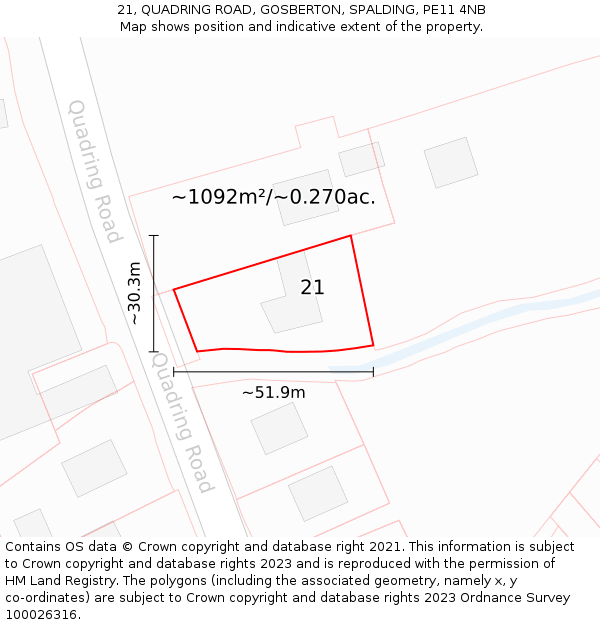 21, QUADRING ROAD, GOSBERTON, SPALDING, PE11 4NB: Plot and title map