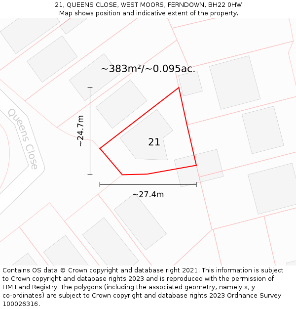 21, QUEENS CLOSE, WEST MOORS, FERNDOWN, BH22 0HW: Plot and title map