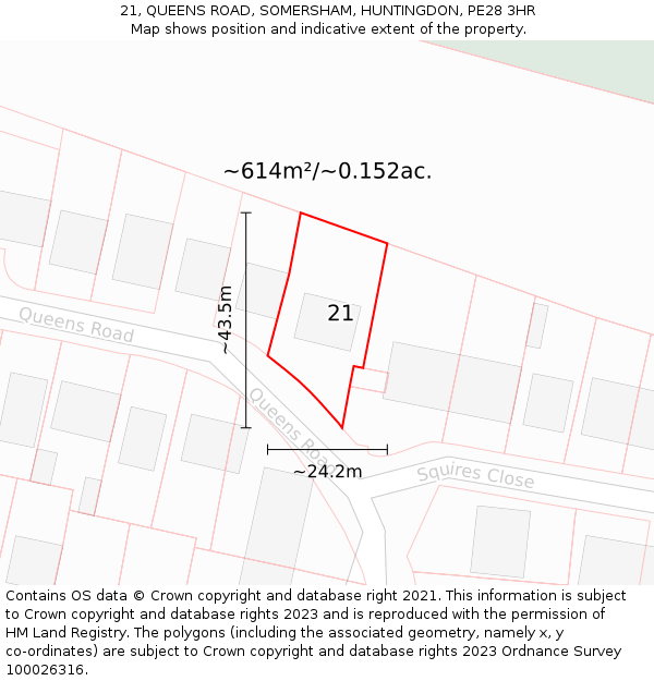 21, QUEENS ROAD, SOMERSHAM, HUNTINGDON, PE28 3HR: Plot and title map