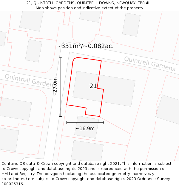 21, QUINTRELL GARDENS, QUINTRELL DOWNS, NEWQUAY, TR8 4LH: Plot and title map