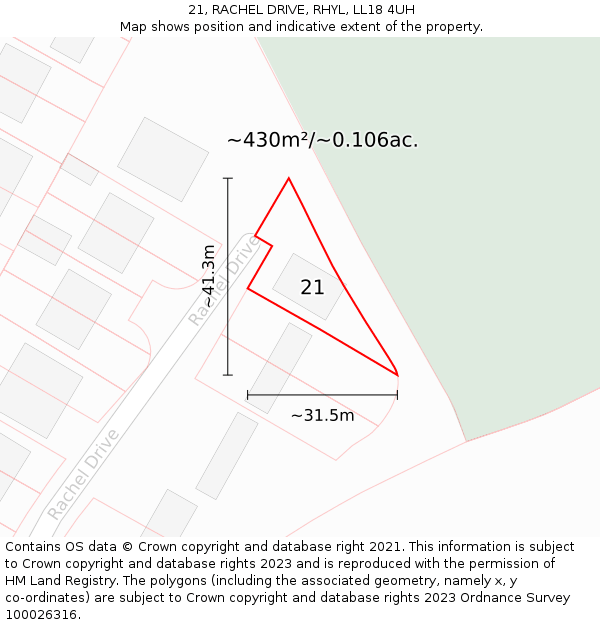 21, RACHEL DRIVE, RHYL, LL18 4UH: Plot and title map