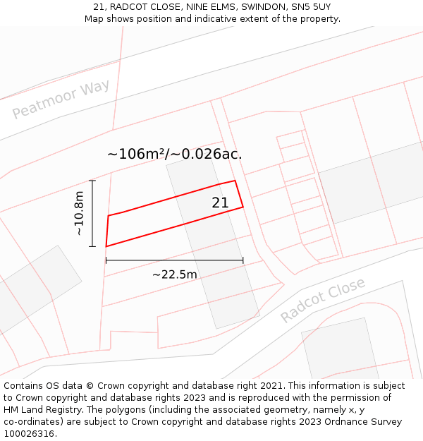 21, RADCOT CLOSE, NINE ELMS, SWINDON, SN5 5UY: Plot and title map