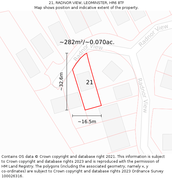 21, RADNOR VIEW, LEOMINSTER, HR6 8TF: Plot and title map